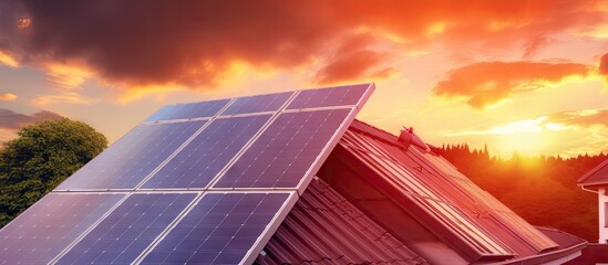Solar panels and a red roof with photovoltaics in a photo collage symbolizing sustainable energy and alternative electricity from the sun Copy space image Place for adding text or design