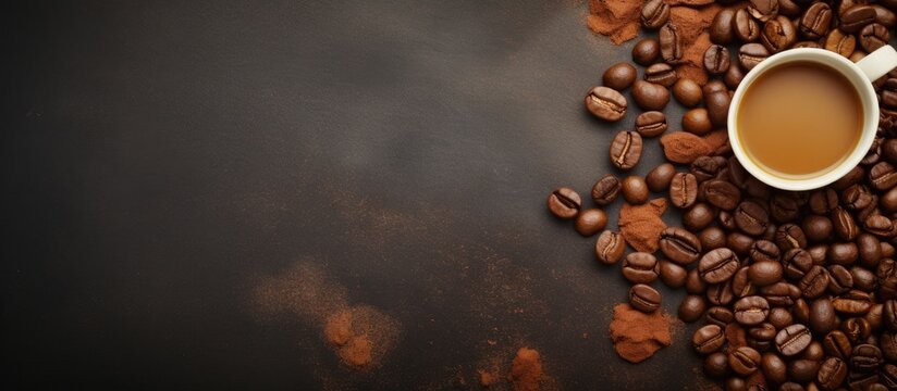 Retro style coffee background with assorted beans pads and capsules top view Copy space image Place for adding text or design