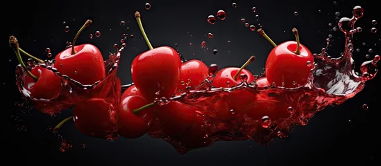 Tuinposter Red cherries and juice splash on black background Copy space image Place for adding text or design © Ilgun