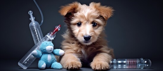 Reminder to vaccinate against rabies plague hepatitis parainfluenza coronavirus leptospirosis and adenovirus Syringe ampoules soft dog toy and treats Copy space image Place for adding text or d - obrazy, fototapety, plakaty