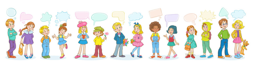 Pairs of children, boys and girls, are talking. Conversations with speech bubbles. Place for text. In cartoon style. Isolated on white background. Vector illustration.