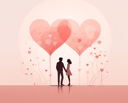 Romantic card pink background with the image of a couple and love hearts
