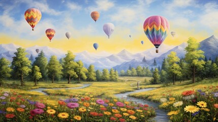  a painting of hot air balloons flying in the sky over a field of wildflowers with a stream in the foreground and a mountain range in the background.