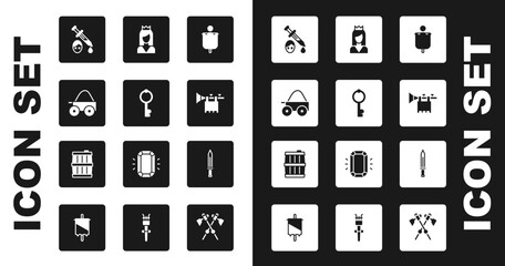 Set Medieval flag, Old key, Wooden four-wheel cart, Sword with blood, Trumpet, Princess, sword and barrel icon. Vector