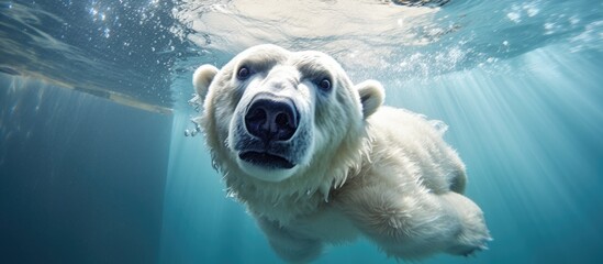 Polar bear underwater close up gazing at camera Copy space image Place for adding text or design - obrazy, fototapety, plakaty