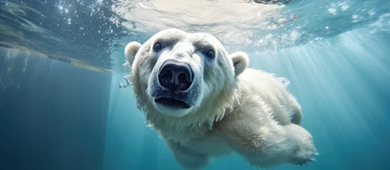 Fototapeten Polar bear underwater close up gazing at camera Copy space image Place for adding text or design © Ilgun