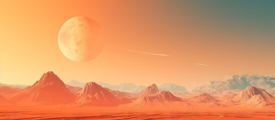 Orange planet and mountains in futuristic landscape with blurry background Abstract retro minimalism relief with blurred background 3D render Copy space image Place for adding text or design