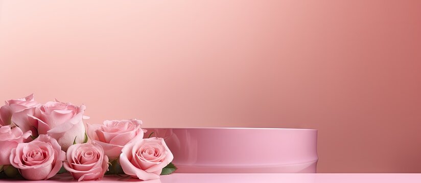Pink background with a blank podium displays products like perfume jewelry and cosmetics decorated with pink roses Copy space image Place for adding text or design