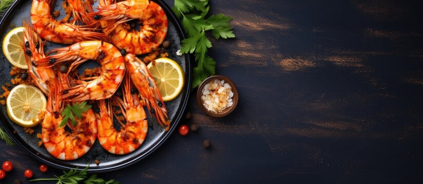 Seafood from above grilled shrimp or prawns with lemon garlic and sauce Copy space image Place for adding text or design