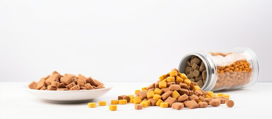 Pet food and vitamin pills placed in feeding bowl and bottle on white background Copy space image...