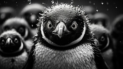 a black and white photo of a penguin with bubbles of water on it's face and a group of other penguins in the background, all looking in the same direction.
