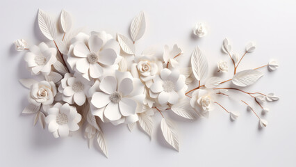Elegant branch of white paper jasmine flowers and leaves on minimal light background. Nature decor concept - obrazy, fototapety, plakaty