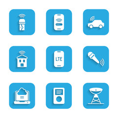 Set LTE network, Music player, Satellite dish, Wireless microphone, Network cloud connection, Smart home with wi-fi, car system and Usb wireless adapter icon. Vector