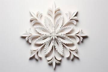 Embossed 3d style white festive snowflake isolated on minimal light background backdrop. Winter seasonal holidays concept