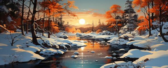 the sun shines through a winter scape - obrazy, fototapety, plakaty