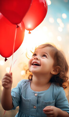 lachendes fröhliches Kind mit roten Luftballon