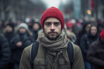 Protesting people on street during elections. Struggle for democracy. Portrait of activist on demonstration