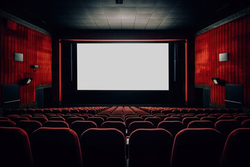 Cinema hall with red seats and white screen. Empty movie theatre interior