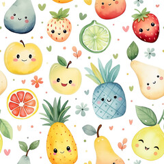 Fototapeta premium Watercolor seamless pattern with cute fruit characters isolated on white background.