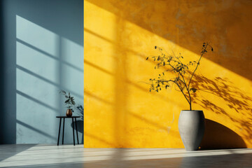 Simple geometric composition with plant in vase against colored wall background. Abstract design in minimalistic style
