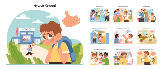 New at school concept. Students first day experience and interactions at unknown place. Making friends, learning routines, getting accustomed to local rules. Flat vector illustration