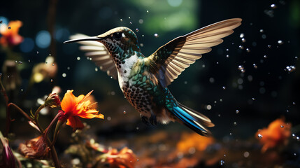 Fototapeta premium Colibrì con piume colorate e becco lungo vola vicino ai fiori nella foresta