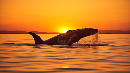 Golden Horizon: A visually elaborate shot of a whale swimming towards the horizon during the golden hours of sunrise, creating a serene and majestic ambiance