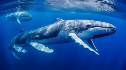 Oceanic Ballet: A visually captivating composition of multiple whales engaged in synchronized movements, resembling a ballet in the expansive ocean