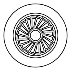 Turbine airplane turbomachine jet engine aircraft motor fan plane contour outline line icon black color vector illustration image thin flat style