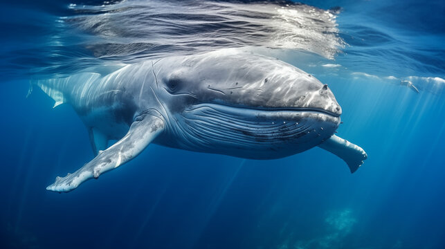 Whale's Eye View: A unique perspective of a whale swimming beneath the water's surface, offering a visually immersive view of its underwater world