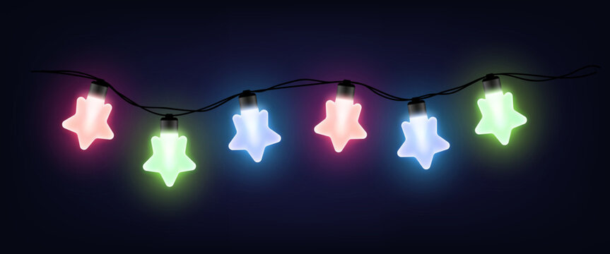 Star light bulbs. LED light bulbs, garland. Vector clipart isolated on dark background.