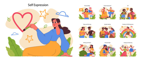 Self expression set. Creative individuals showcasing identity and passions. Personal blogging, cultural dances, crafting. Expressive hobbies visualized. Flat vector illustration