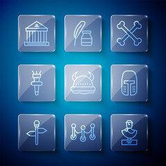 Set line Road traffic signpost, Rope barrier, Ancient bust sculpture, Crossed human bones, Viking in horned helmet, Torch flame, Museum building and Medieval iron icon. Vector