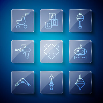 Set line Boomerang, Sword toy, Whirligig, Rattle baby, Puzzle pieces, Ray gun, Baby stroller and Robot icon. Vector
