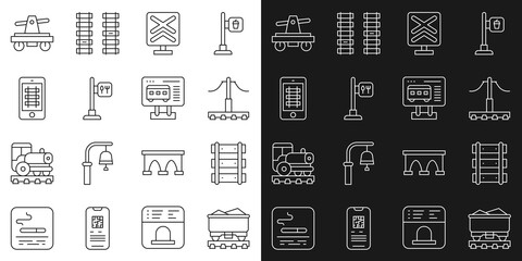 Set line Coal train wagon, Railway, railroad track, Railroad crossing, Cafe and restaurant location, Buy ticket online, Draisine or handcar and Ticket office to buy tickets icon. Vector