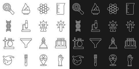 Set line Medical rubber gloves, Test tube and flask, Chemical explosion, Molecule, Microscope, DNA symbol, Microorganisms under magnifier and icon. Vector
