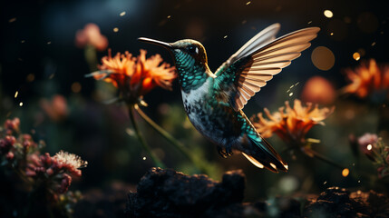 Colibrì con piume colorate e becco lungo vola vicino ai fiori nella foresta