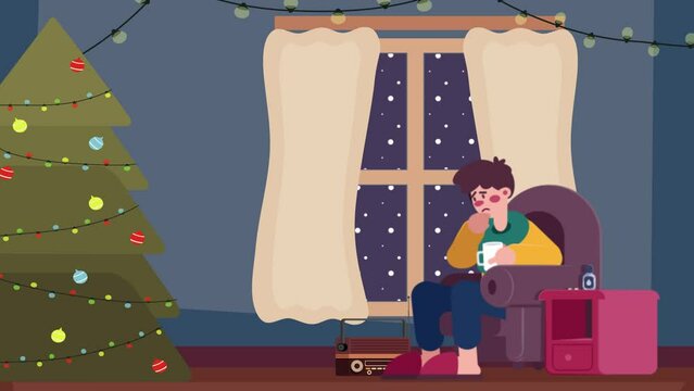 Character animation. A lonely man sitting in the armchair, listening to the radio and taking some medicine on Christmas day 