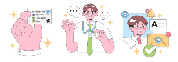 Business interactions set. Hand holding a business card, doctor sharing details, notification alerts. Conversations and networking. Digital communication. Flat vector illustration