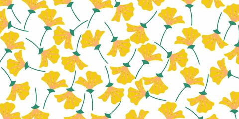 Seamless pattern with yellow flowers on white background. Vector illustration.