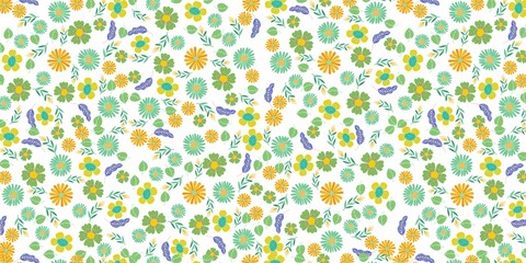 Seamless pattern with flowers and leaves on a white background.