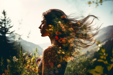 double exposure portrait, Summer Serenity: Ethereal Green Landscapes of flowers,mountains and trees © mimagephotos