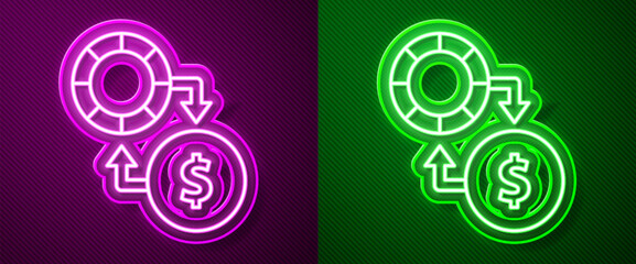 Glowing neon line Casino chips exchange on stacks of dollars icon isolated on purple and green background. Vector