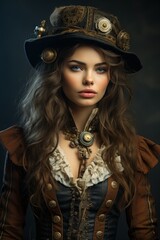 A Woman with Flowing Locks and a Stylish Steampunk Hat and Matching Dress. A woman with long brown hair wearing a steampunk hat and matching dress.