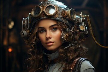 A Stylish Steampunk Adventurer With an Air of Mystery. A woman wearing a steampunk hat and goggles - obrazy, fototapety, plakaty
