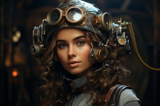 A Stylish Steampunk Adventurer With an Air of Mystery. A woman wearing a steampunk hat and goggles