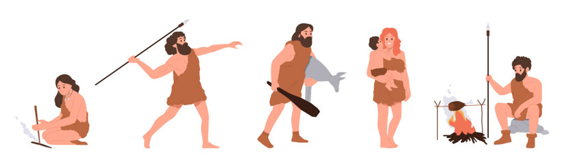 Isolated set of stone age people cartoon character hunting, cooking, making fire on white background
