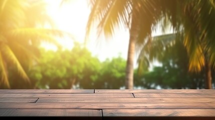Wooden table wit a blured beach background, empty spot for product placement