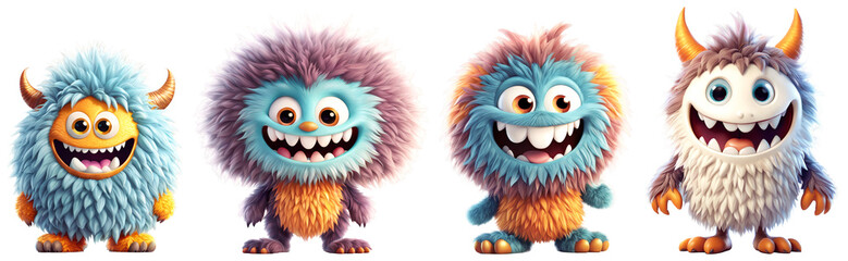 Set of funny shaggy furry cheerful monsters with big eyes and smiling mouths with big white teeth, isolated on transparent background. Children's cartoon characters or cute soft toys. Generative AI - obrazy, fototapety, plakaty