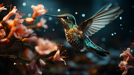 Colibrì con piume colorate e becco lungo vola vicino ai fiori nella foresta - obrazy, fototapety, plakaty